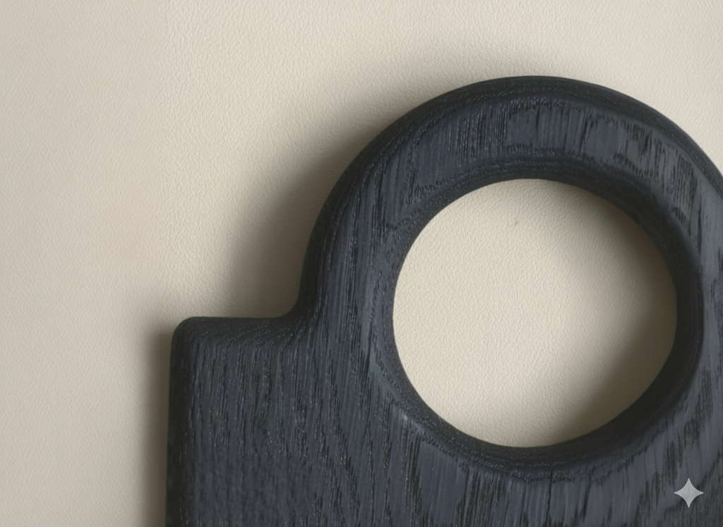 Detailansicht des Schneidebretts "Oldrye Black Wide Loop", das die feine Holzmaserung und den runden Griff in Schwarz zeigt.