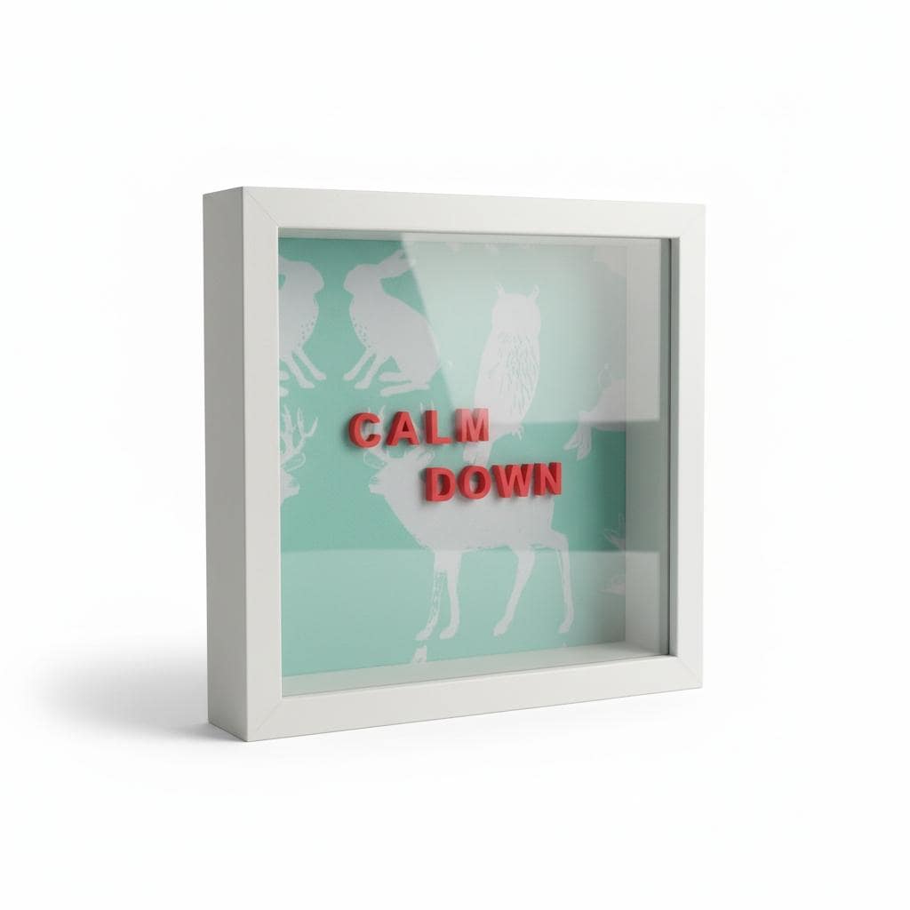 3D Wandbild mit Spruch CALM DOWN | Personalisiertes Geschenk | Objektrahmen 20x20 | Lustige Sprüche Serie | Waldtiere Mint | Unikat Design
