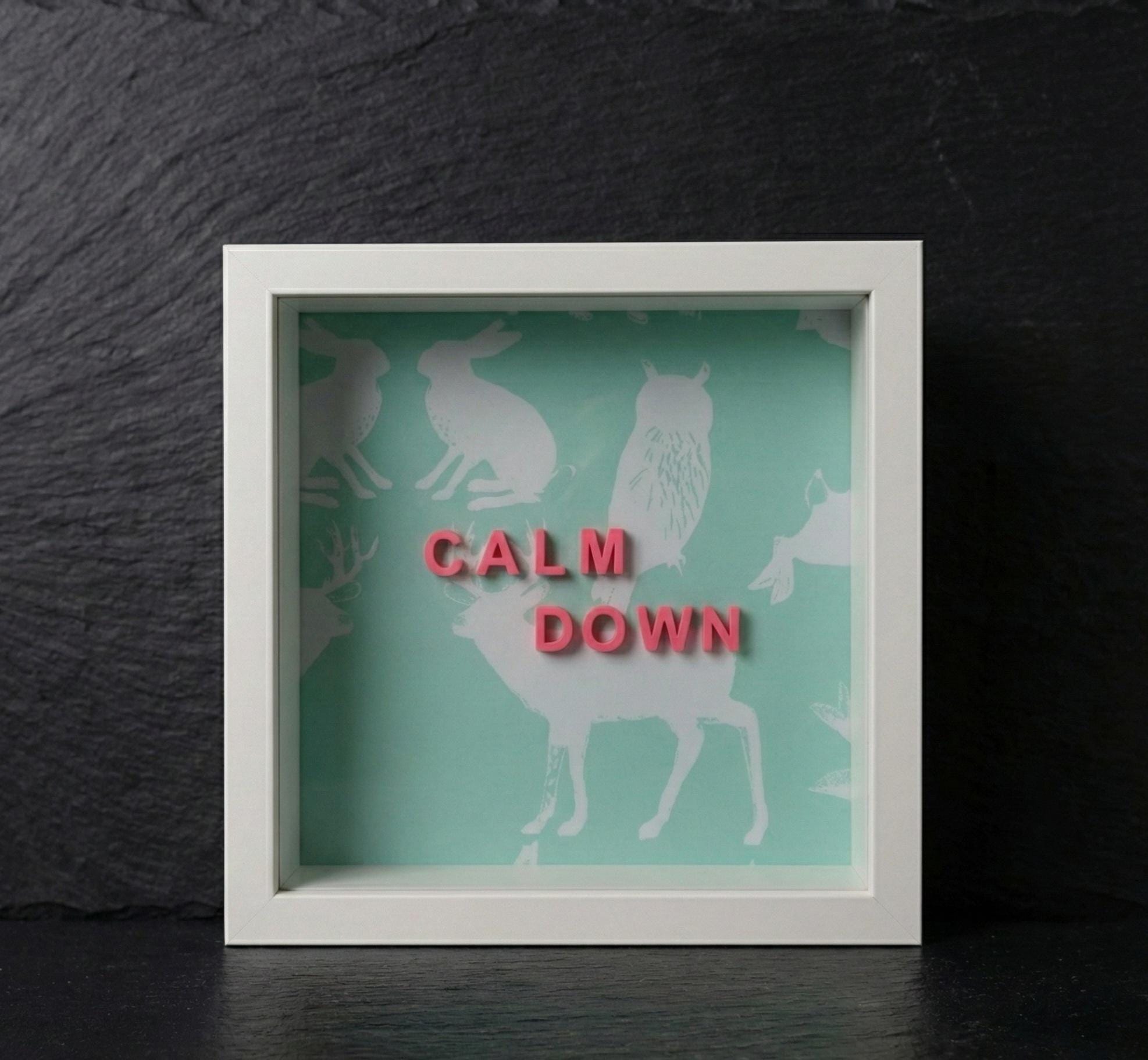 3D Wandbild mit Spruch CALM DOWN | Personalisiertes Geschenk | Objektrahmen 20x20 | Lustige Sprüche Serie | Waldtiere Mint | Unikat Design